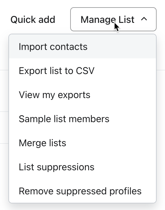 importar contatos do menu suspenso Gerenciar lista
