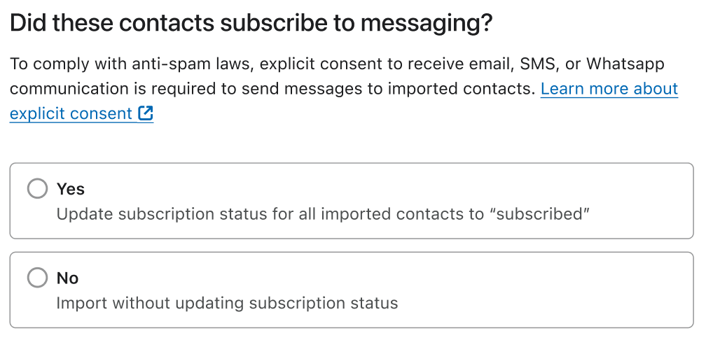 Modal för att bekräfta att kontakter uttryckligen har samtyckt till att ta emot e-post, sms eller WhatsApp-meddelanden
