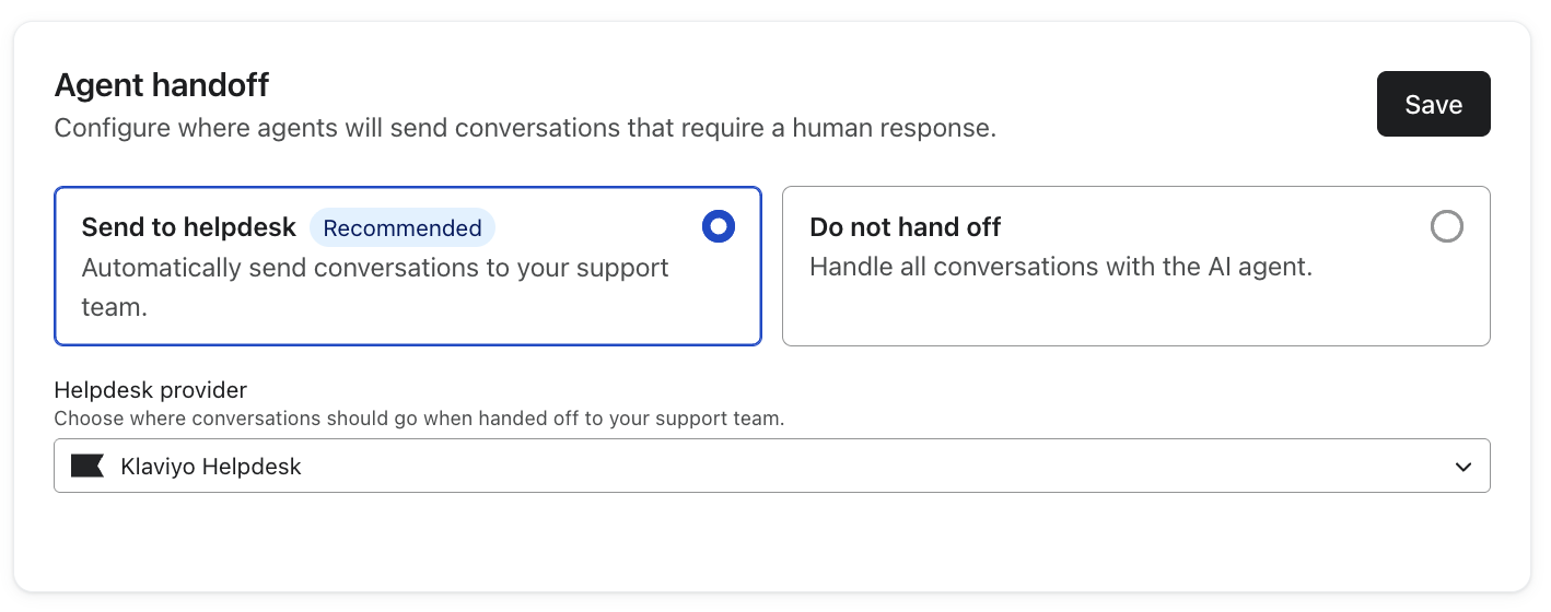 Agent handoff settings with options to send to helpdesk or send a manual message when the AI agent can't answer.
