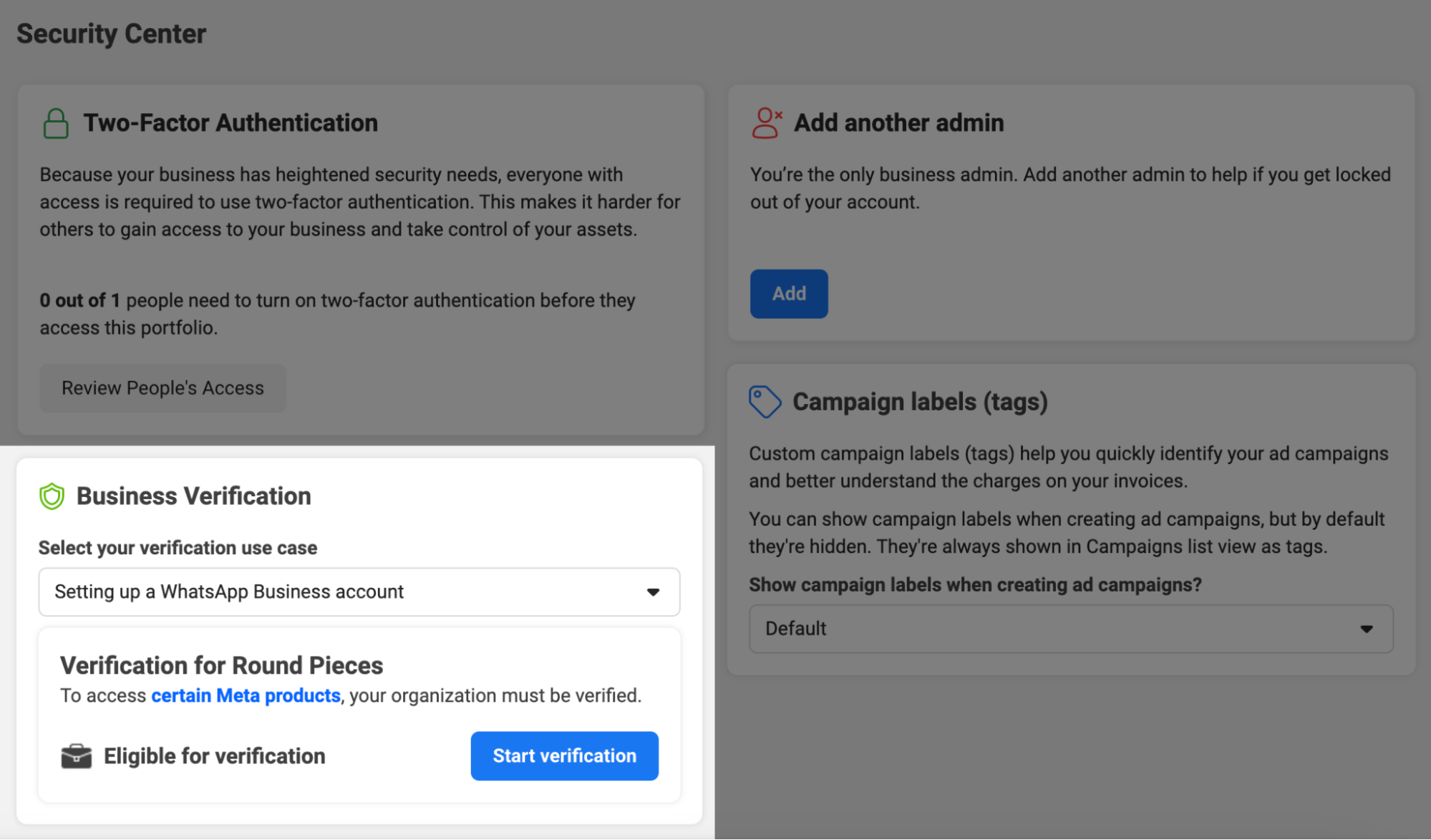 Sección de verificación empresarial dentro del Centro de Seguridad