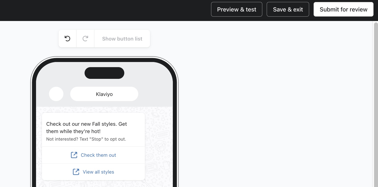 Bouton Prévisualiser et tester dans le message WhatsApp