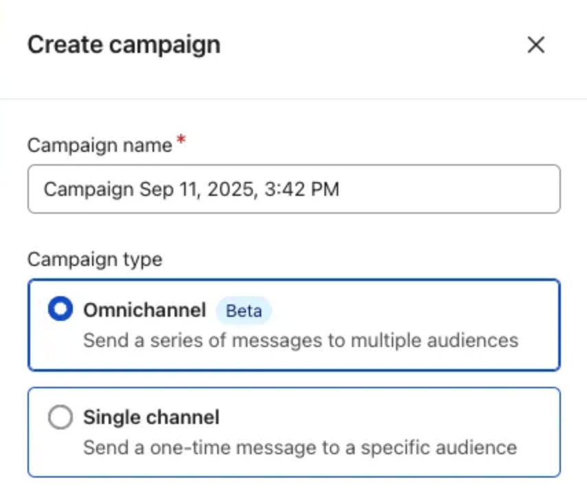 Opção de enviar uma única mensagem ou campanha omnichannel