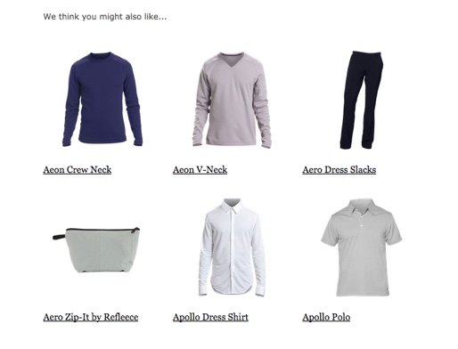 Exempel på en uppsättning rekommenderade produkter som hämtas från ett flöde och listas i ett rutmönster i en e-post