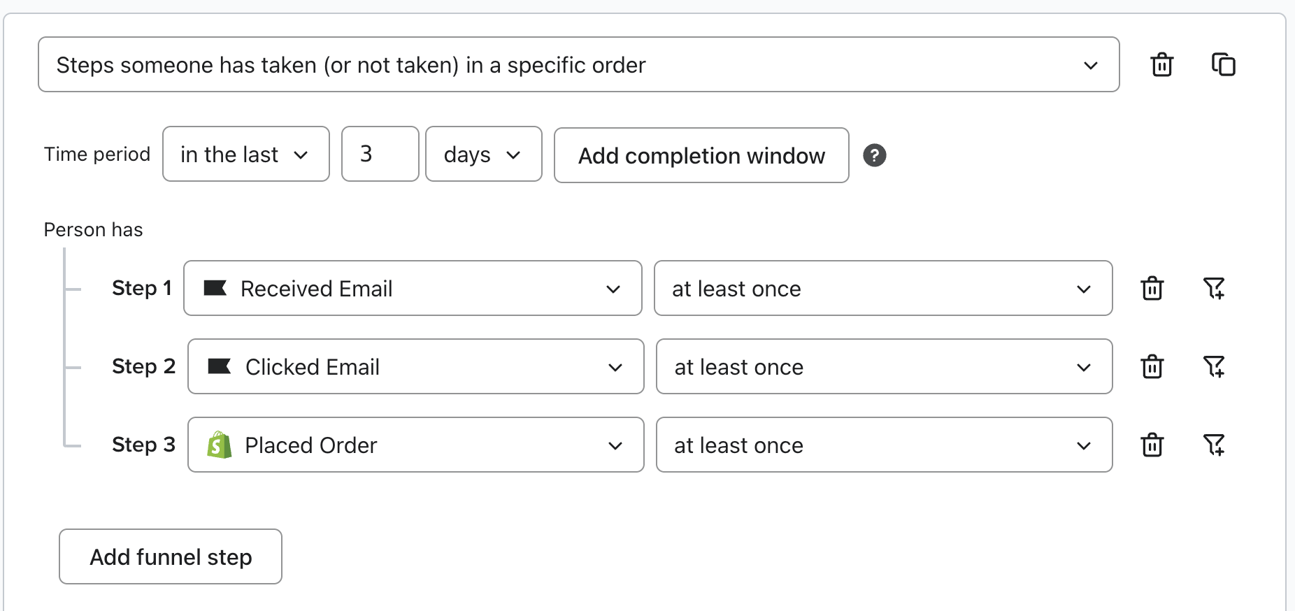 An example that shows how to create a funnel where customers received a campaign, clicked a link, and then made a purchase
