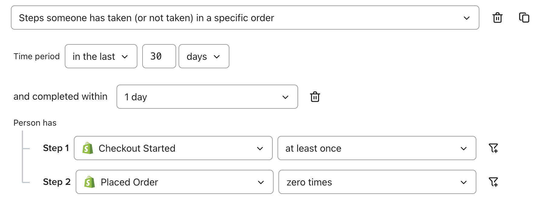 An example that shows how to create a funnel where customers started a checkout but did not make a purchase