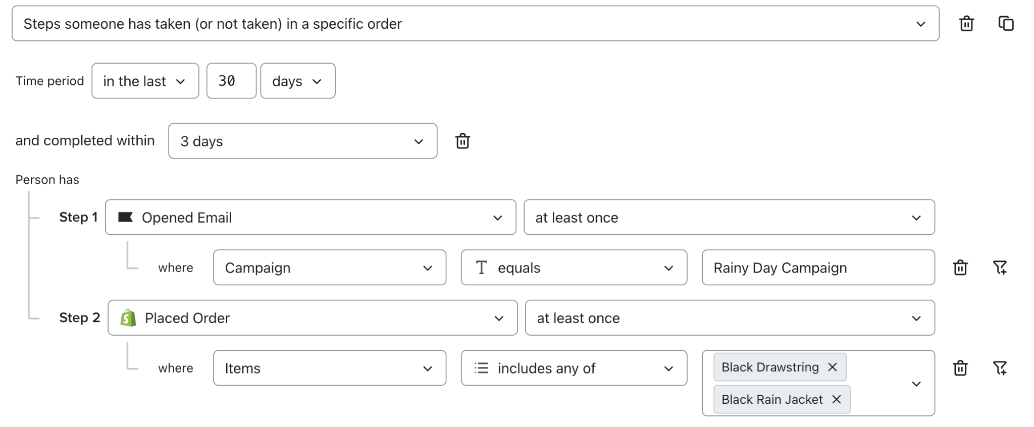 An example that shows how to create a funnel where customers opened an email then placed an order