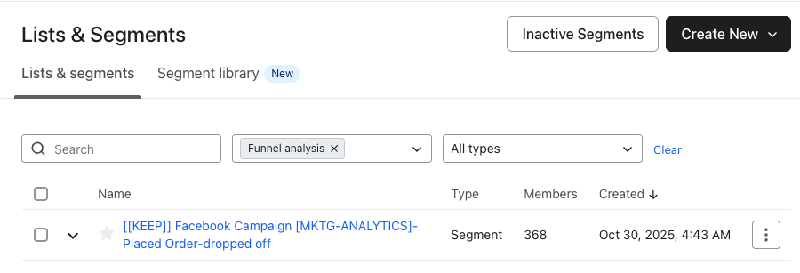 funnel segment on segments list page