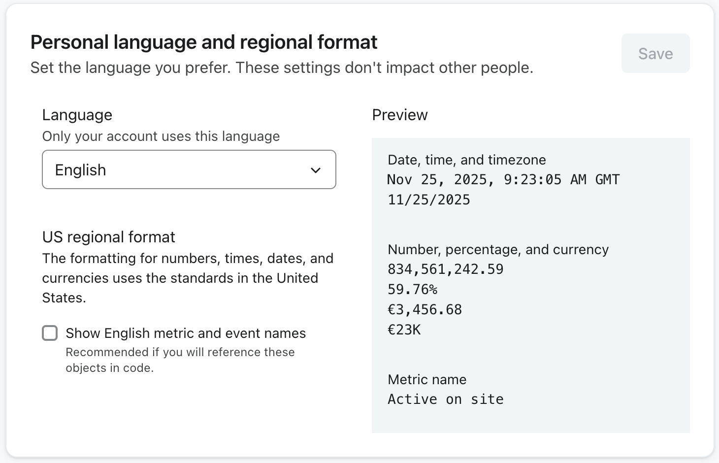La sección Idioma personal y formato regional de la página Configuración personal muestra el idioma personal de una cuenta de ejemplo configurado en inglés.