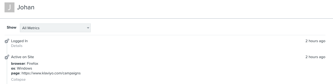 Ein Beispiel für ein Abonnentenprofil unter dem Namen Johan mit den Ereignissen „Eingeloggt“ und „Auf Seite aktiv“ auf der Zeitachse