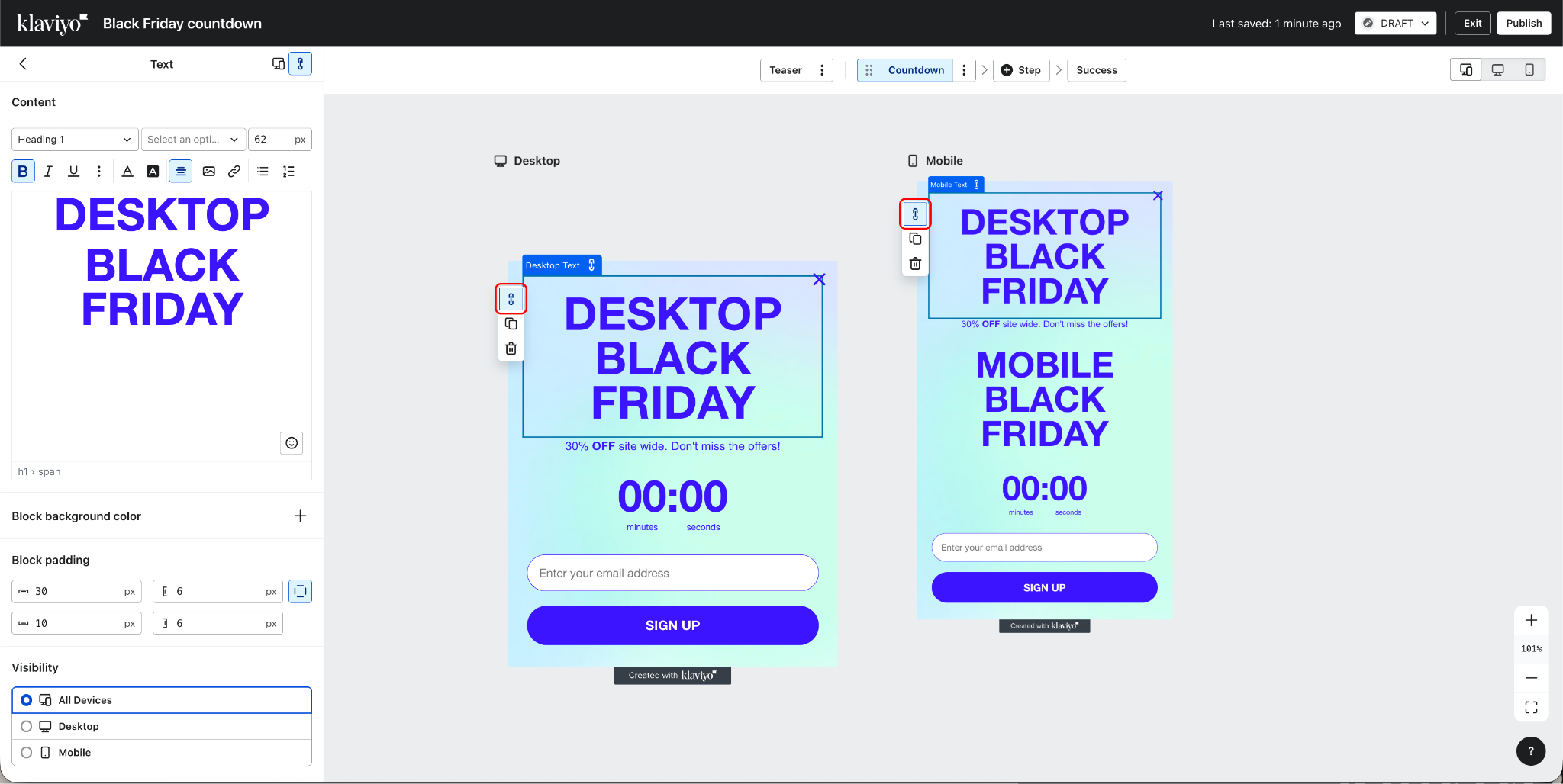 The image showing the Klaviyo forms editor showing the outcome of relinking a block from the desktop view