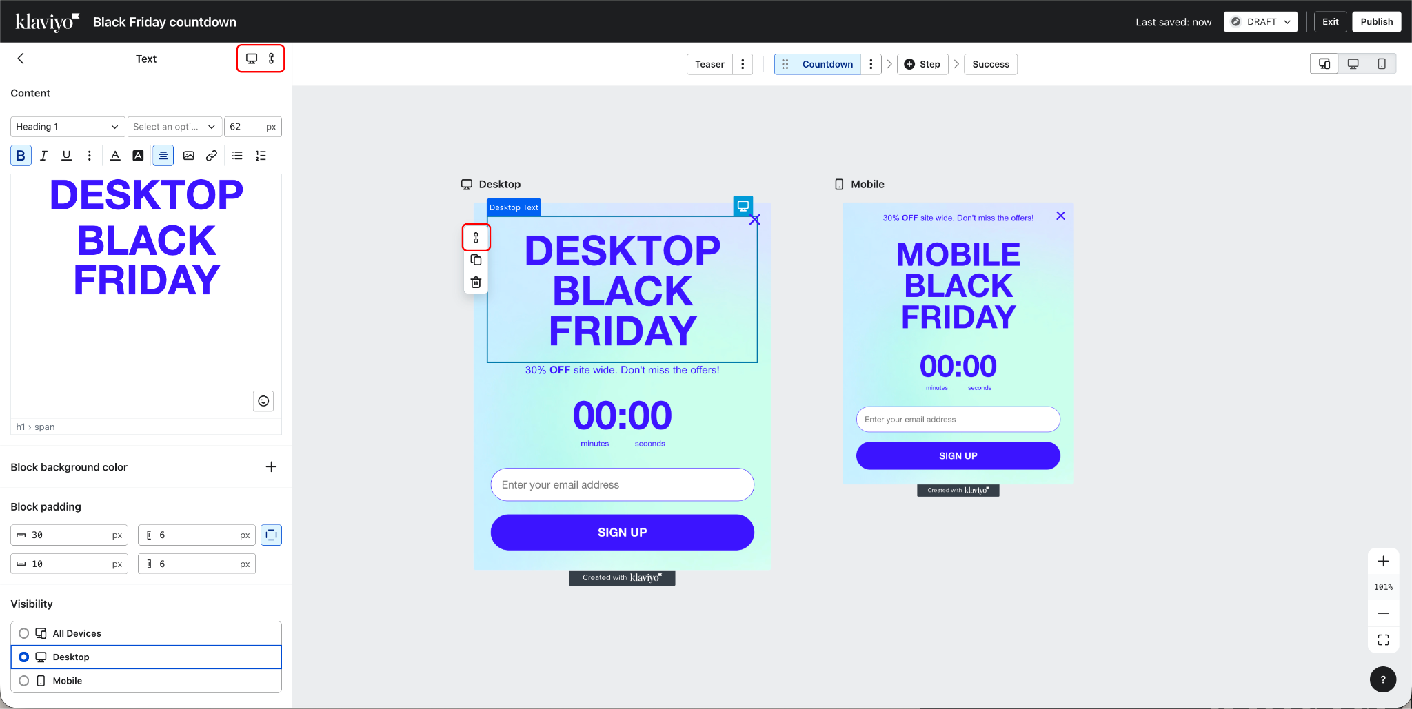 Bilden visar Klaviyo formulärredigerare med in-canvas och sidopanelens relink-knappar markerade