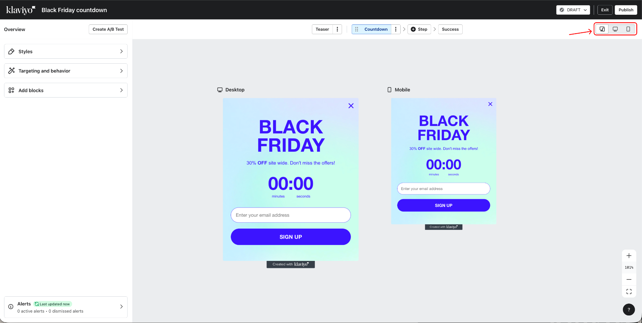 De afbeelding toont de Klaviyo formuliereneditor met de apparaataanzichtknoppen gemarkeerd