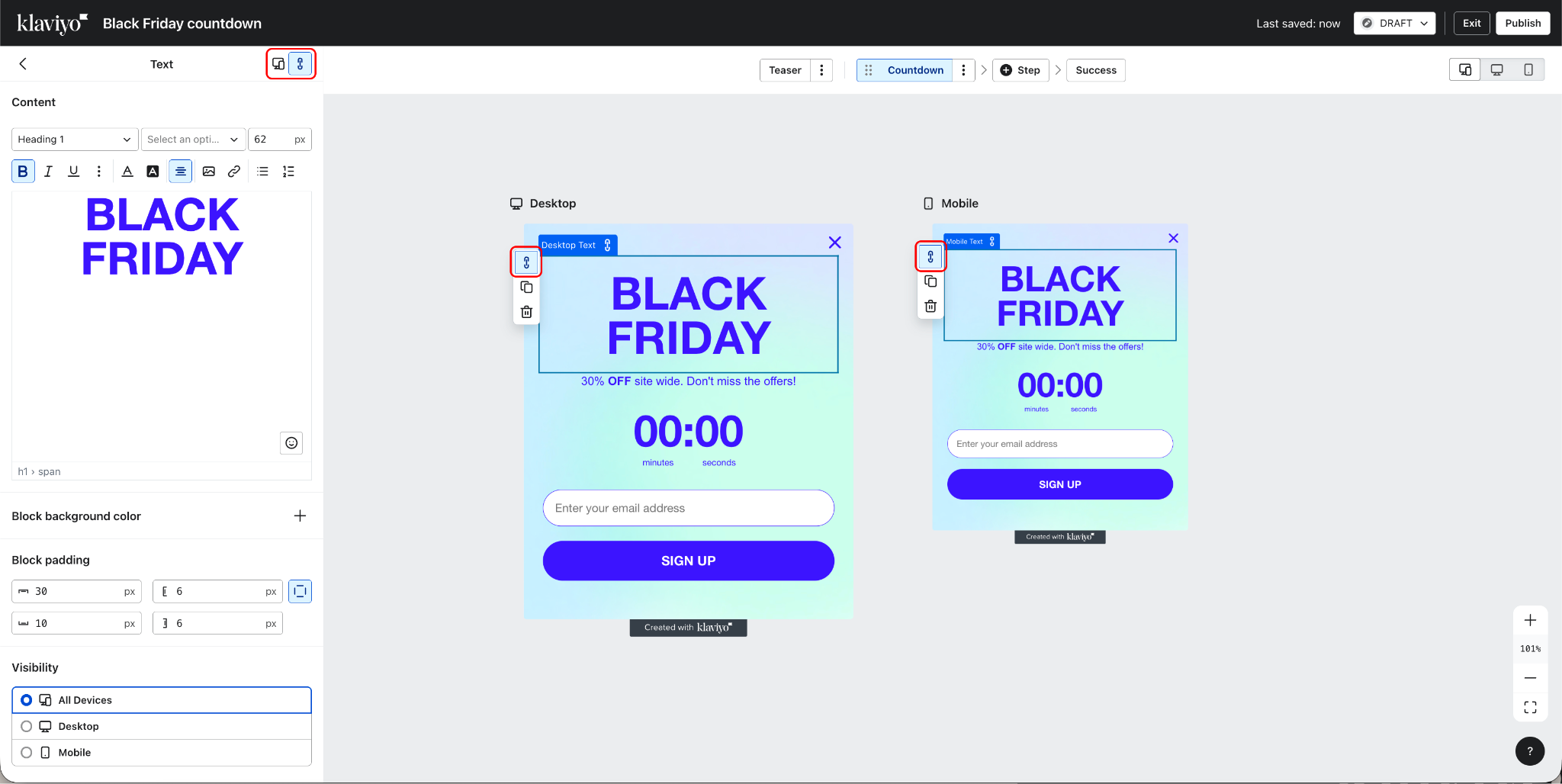 Obraz przedstawiający edytor formularzy Klaviyo z podświetlonymi przyciskami odłączania w panelu bocznym i w kanwie.