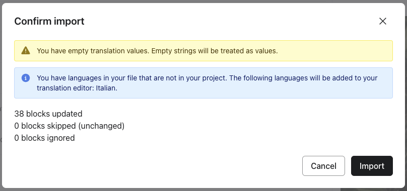 Import summary dialog showing counts of updated, unchanged, and ignored rows, with warnings listed above the Import button.