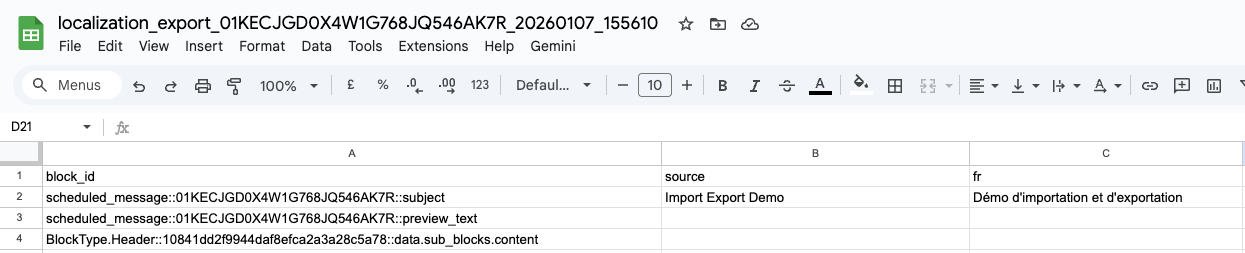 Sample translation CSV in Google sheets showing block_id, source, and language column for multiple rows.