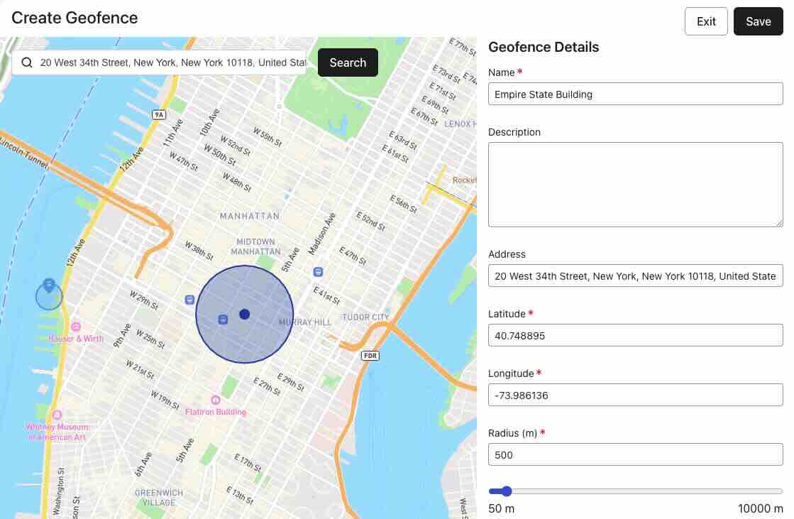 Map and form where you add the name, address, latitude, longitude, and radius for a geofence