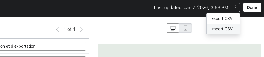 Éditeur de traduction avec l’option Exporter au format CSV en surbrillance dans le menu d’actions