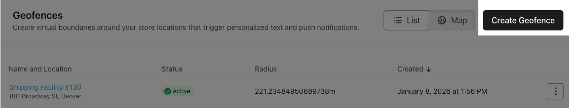 Página Geofences mostrando o botão create geofence (criar geofence)