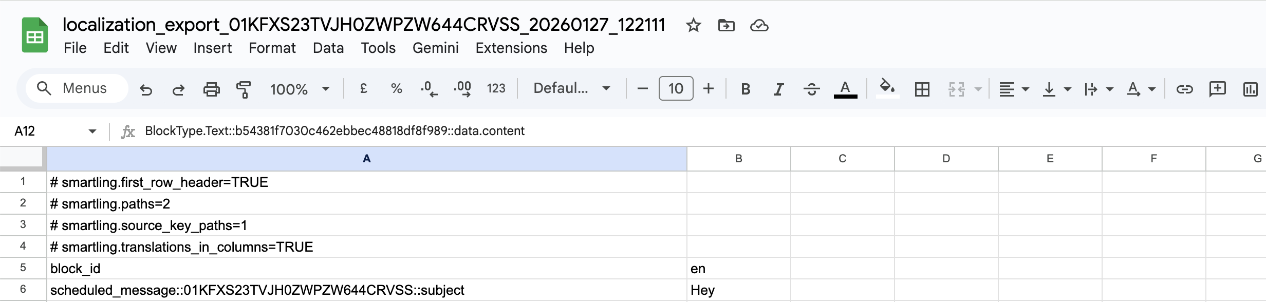 Beispielübersetzung CSV in Google-Tabellen mit Smarting-Direktiven, block_id, Spaltencode der Quellsprache für eine Zeile.