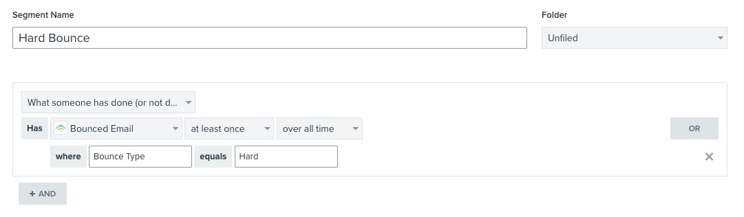 Klaviyoセグメントでハードバウンスしたプロファイルを特定するための条件を表示