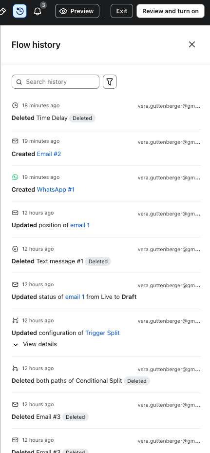 O painel Flow History, também chamado de changelog.