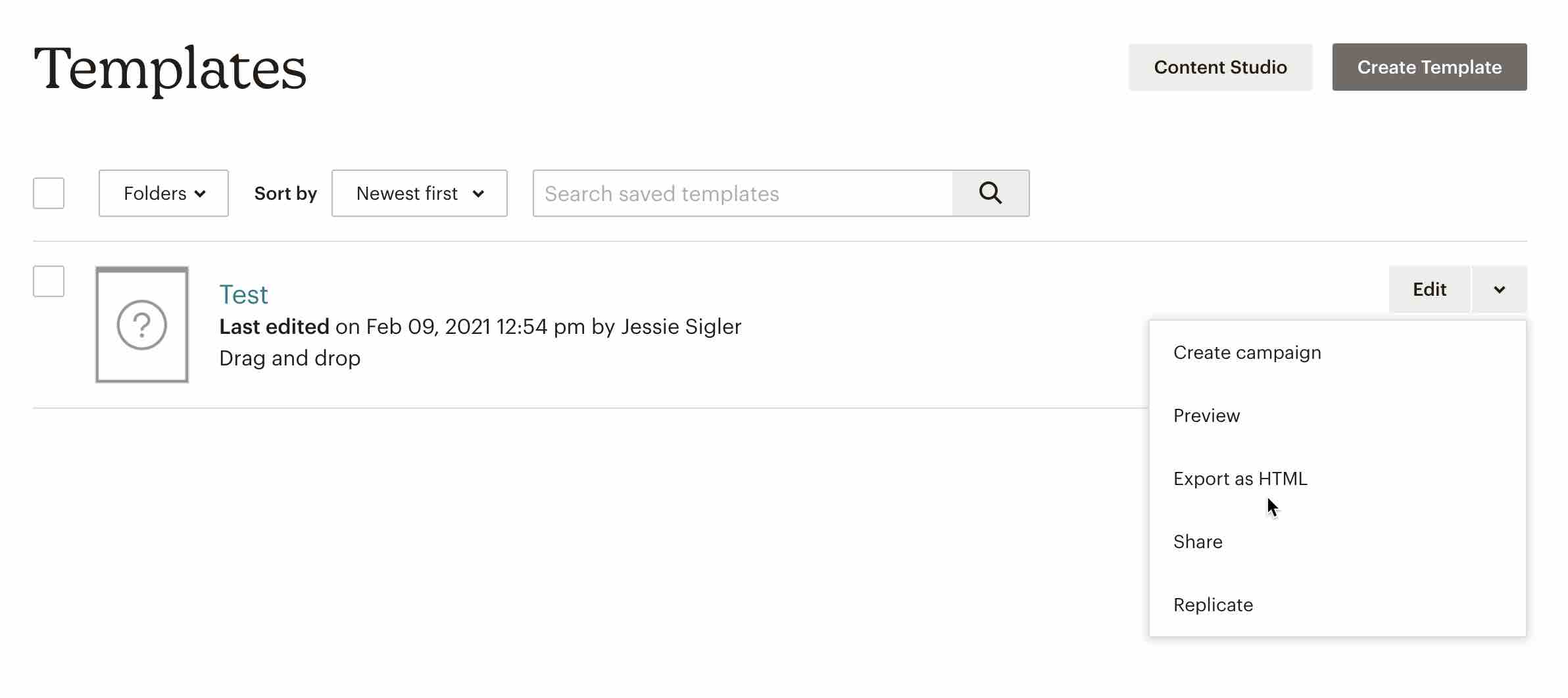 Mailchimp の [Templates] で、目的のテンプレートのページ右側にある [Edit] メニューが選択され、[Export as HTML] オプションにマウスカーソルが置かれている。