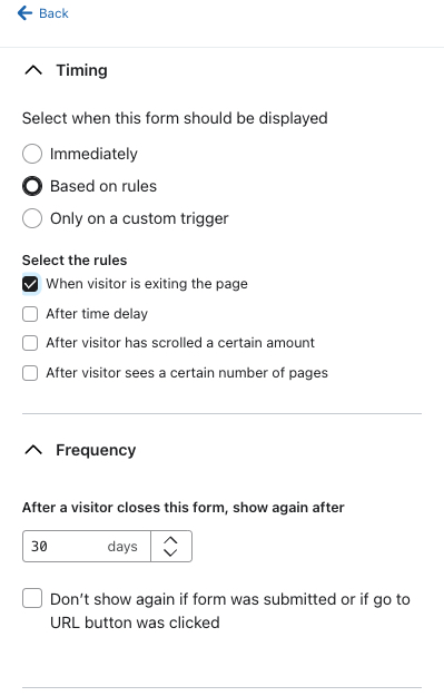 The Display menu within the Targeting and behavior tab of the form builder showing an example form set to display when a visitor exits the page and set to show again after 30 days.