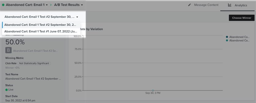 Die Namen vergangener A/B-Tests auf der Seite mit den A/B-Testergebnissen